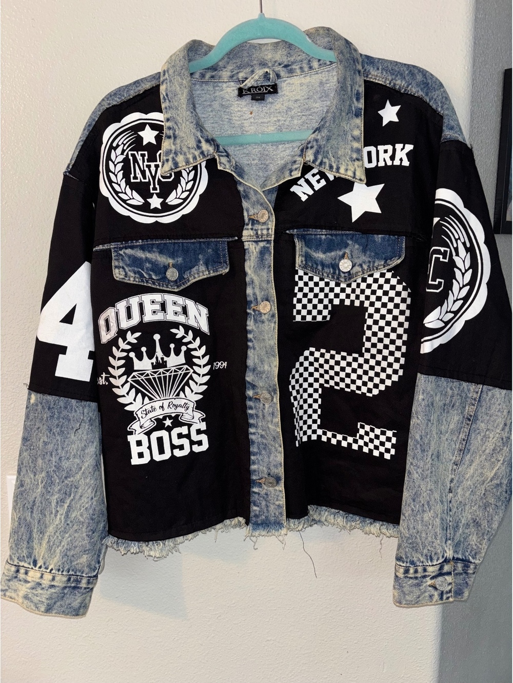 Kroix Oversized Acid Wash Denim & Black Graphic Statement Jacket - Size 2X